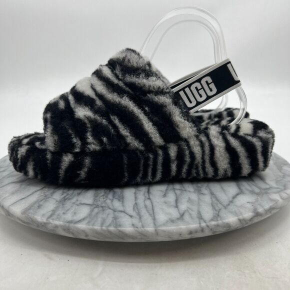 UGG Fluff Yeah Slide Zebra Sandal Womens 8 Elastic Sling Back Fluffy Sheepskin - Picture 4 of 11